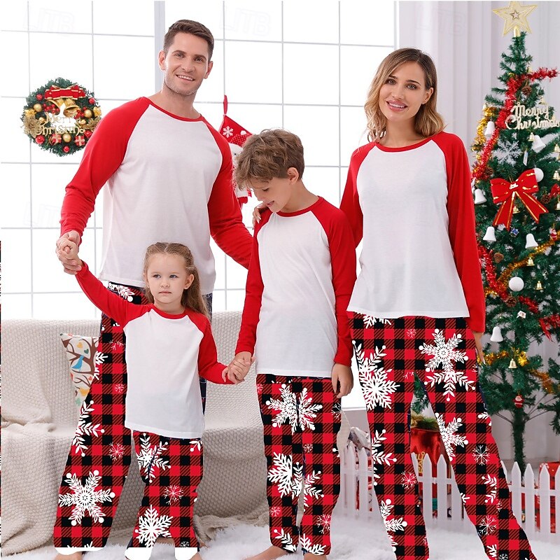 Family Pajamas Christmas Pattern Home Print Black White Light Red Long Sleeve Adorable Matching Outfits