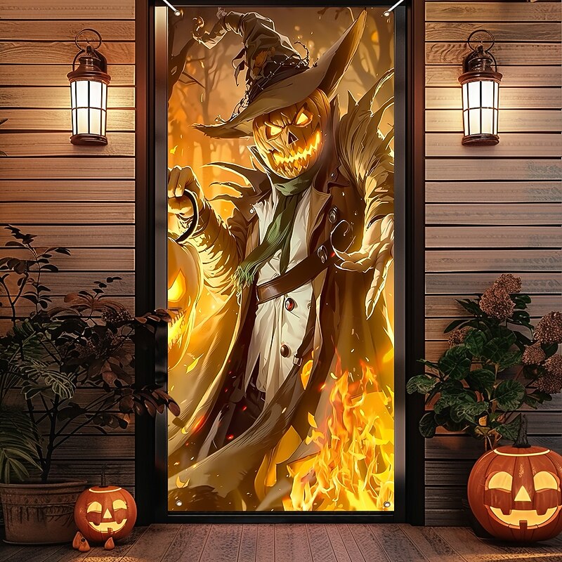 Halloween Door Cover Outdoor Banners Pumpkin Tree Demon 3D Dark Punk Gothic Style Party Outdoor Shooting Backgrounds Front Door Wall Porch Home Decor4