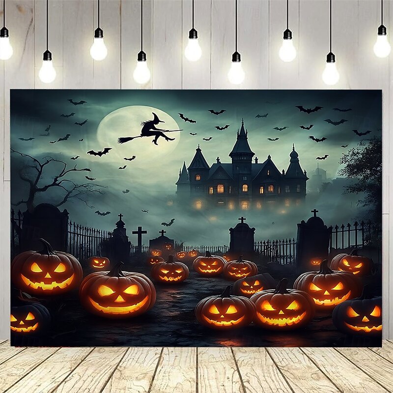 Halloween backdrop Haunted House Backdrop Tapestry, Spooky Full Moon Night with Creepy Tree, Pumpkin Lantern and Gothic Cottage, Scary Wall Hanging Decoration for Living Room, Bedroom, Party or Haunted Theme Decoration4