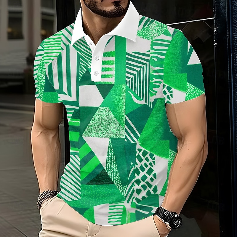Men's Abstract Geometic Polo Short Sleeve Polo Shirts Lapel Business Casual Business Athleisure 3D Print Buttons Summer Blue Orange Green2