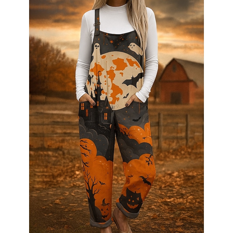Halloween 100% Cotton Women's Overall Lightweight Floral Sleeveless Castle Straight Round Neck with Pocket Vacation Halloween Loose Fit Black Brown Khaki Summer