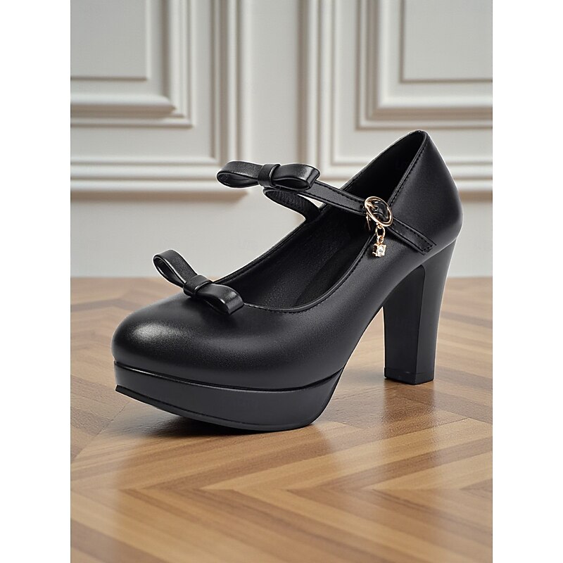 Women's Black Platform Mary Jane Heels with Bow Strap and Charm - Cute Lolita Style Dress Shoes for Parties, Cosplay and Sweet Vintage Outfits4