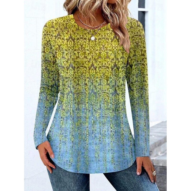 Women's T Shirt Ombre Graphic Geometric Vintage Stylish Classic Long Sleeve Crew Neck Round Neck Regular Tops Daily Print Black Red Dusty Blue Orange Green Spring Fall3