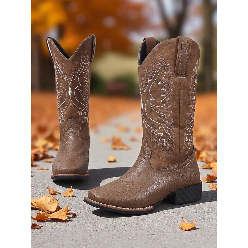 Women's Brown Embroidered Cowboy Boots – Classic Western Style Mid-Calf Boots for Fall Festivals, Farm Work and Country Concerts4