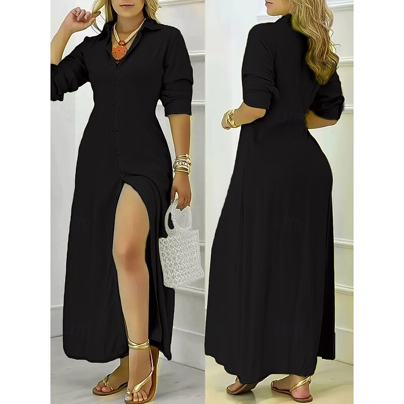 Women's Long Dress Maxi Dress Black Dress Shirt Dress Cocktail Dress Formal Dress Elegant Daily Regular Fit Pure Color Long Sleeve V Neck Black White Yellow Blue Fall