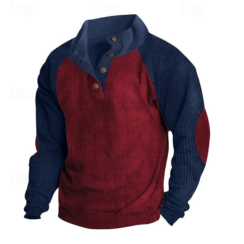 Men's Sweatshirt Corduroy Pullover Wine Red Black Navy Blue Camel Brown Standing Collar Color Block Patchwork Tactical Sports & Outdoor Casual Streetwear Casual Athletic Spring & Summer Clothing3