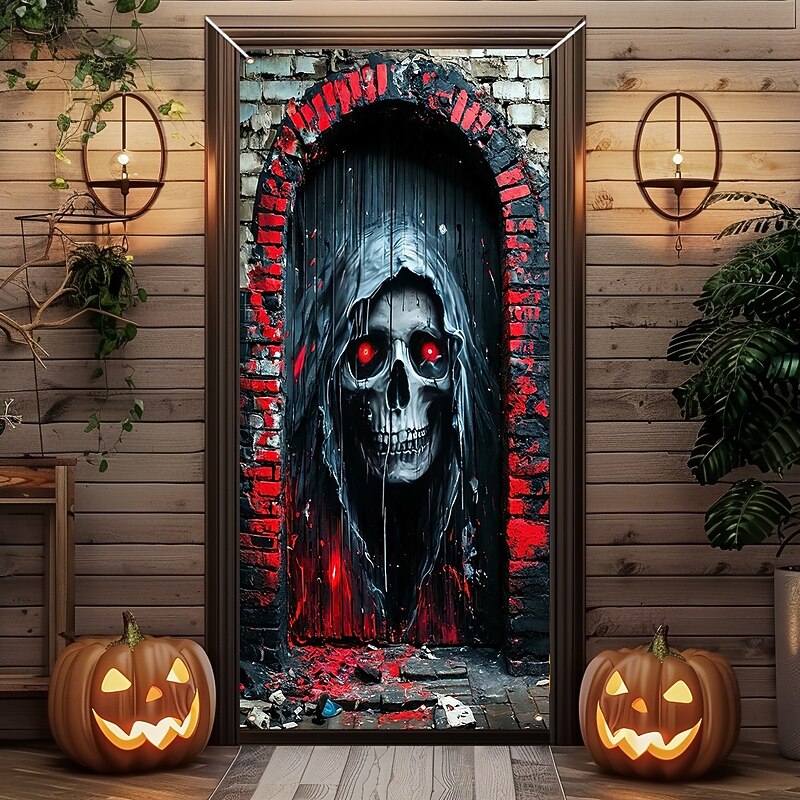Halloween Door Cover Outdoor Banners Skeleton Grim Reaper Psychedelic Dark Punk Gothic Style Party Outdoor Shooting Backgrounds Front Door Wall Porch Home Decor3