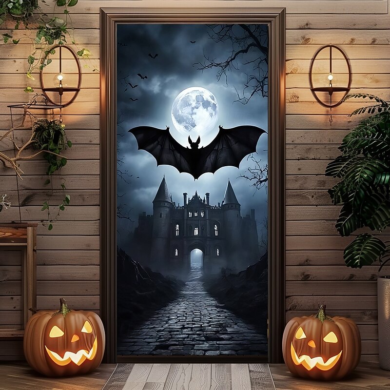 Halloween Door Cover Outdoor Banners Bat Castle Psychedelic Dark Punk Gothic Style Party Outdoor Shooting Backgrounds Front Door Wall Porch Home Decor2