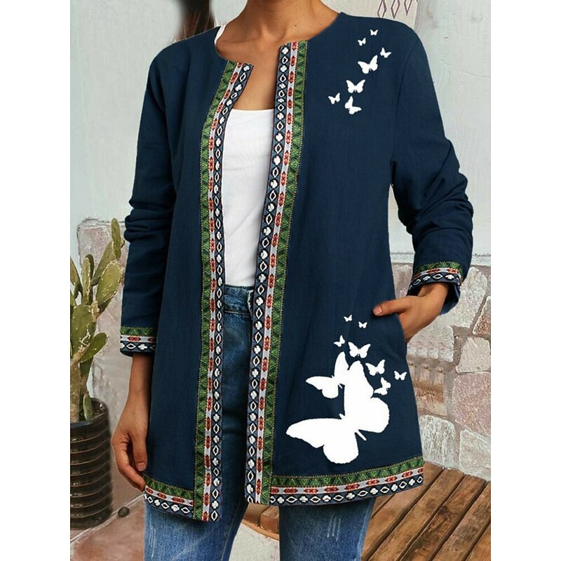 Women's Casual Jacket Windproof Warm Pocket Color Block Open Front with Pockets Modern Geometric Casual Daily Casual Daily Regular Crewneck Loose Fit Long Sleeve Outerwear Light Blue Black White Fall