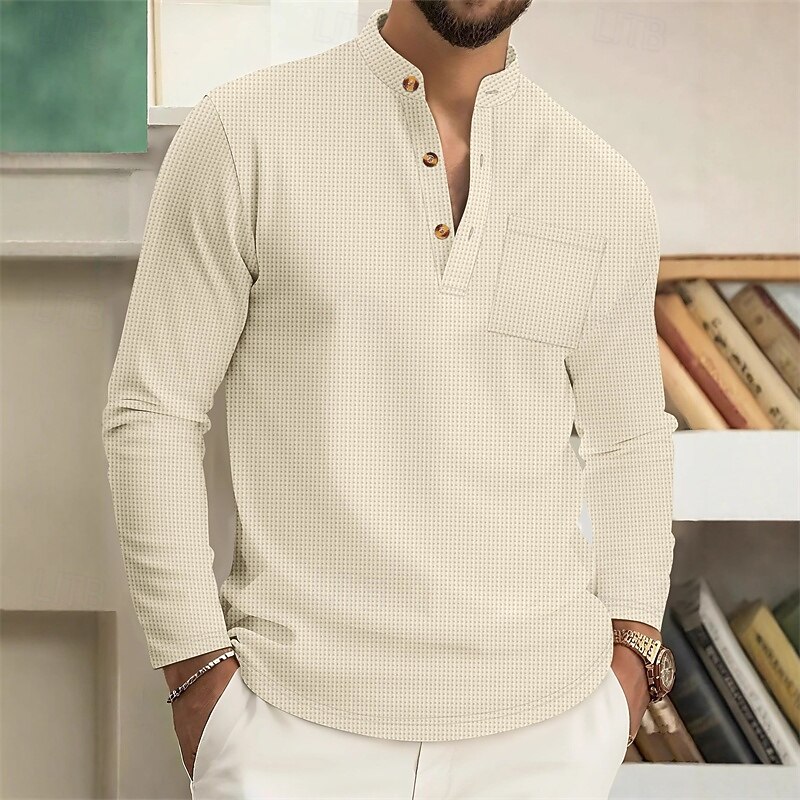 Men's Shirt Popover Shirt Summer Shirt Casual Shirt Beach Shirt Black White Wine Dark Green khaki Long Sleeve Plain Band Collar Vacation Hawaiian Clothing Apparel Polyester Fashion Casual Comfortable