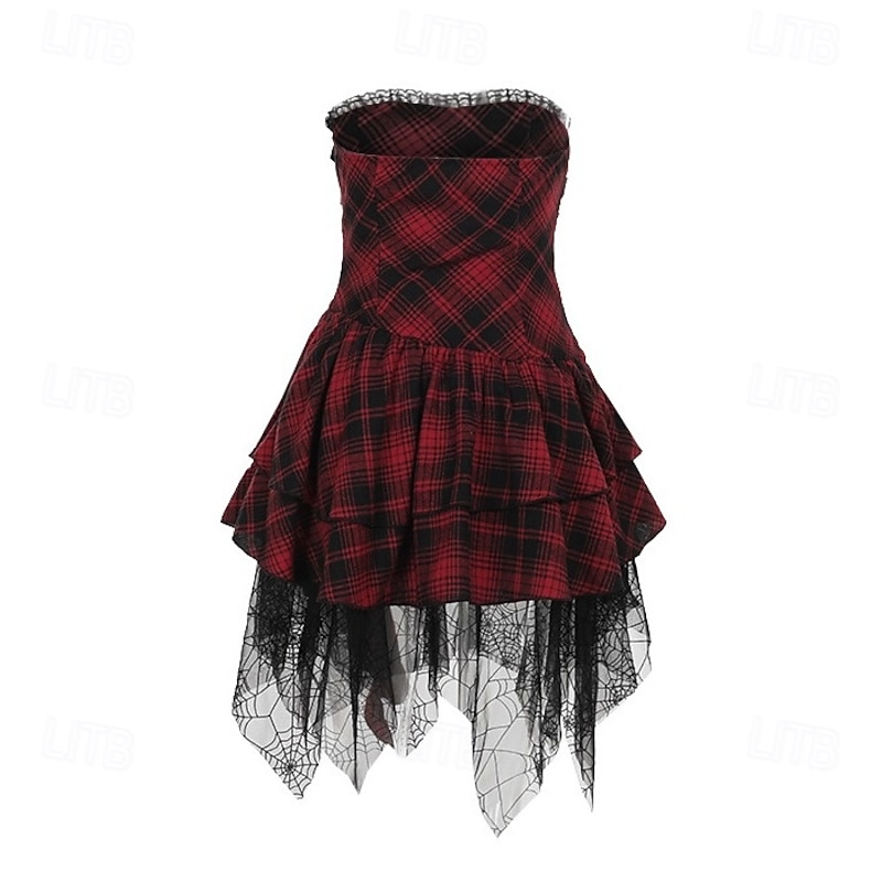 Punk & Gothic Asymmetrical Dress Sleeveless Goth Girl Lace Plaid Fancy Dress Women's Halloween Carnival Party Nightclub Adults Dress Summer4