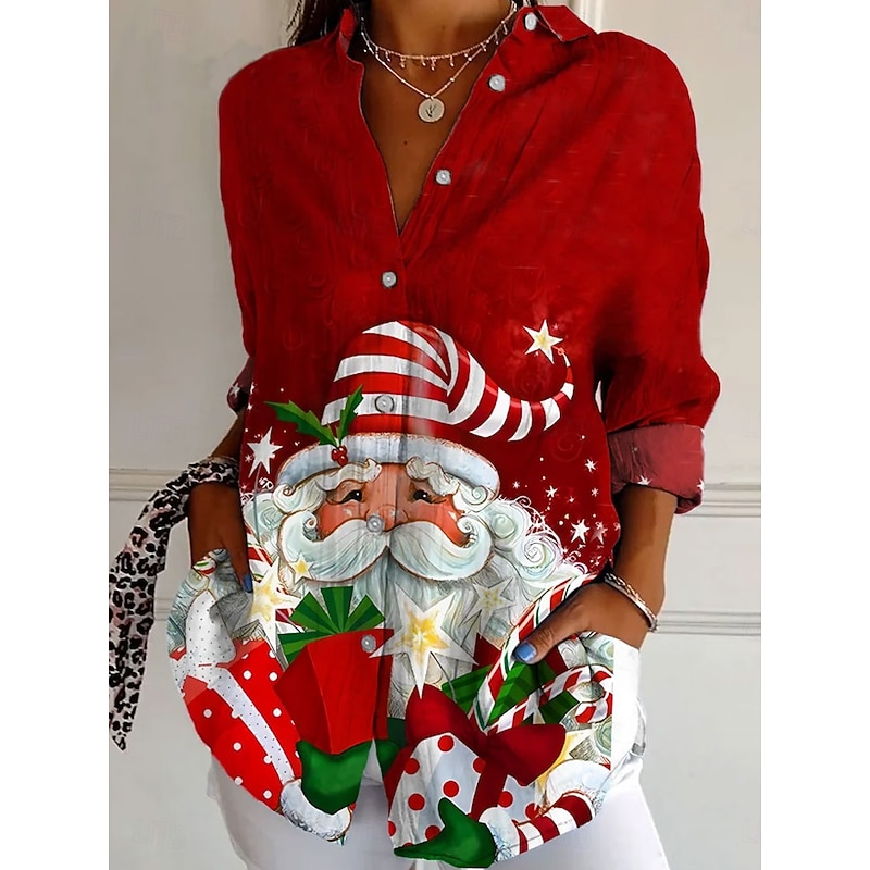 Christmas Women's Shirt Graphic Christmas Tree Elegant Bohemia Vintage Long Sleeve Shirt Collar Regular Tops Work Daily Buttons Print Pink Red Purple Green Spring Fall Winter2