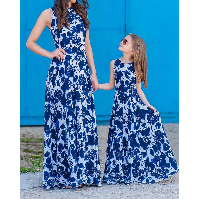 Mommy and Me Dresses Floral Street Print Blue Sleeveless Maxi Sweet Matching Outfits