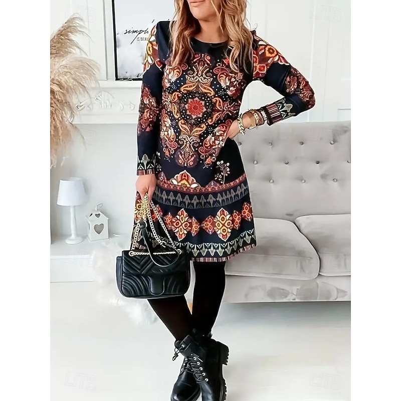 Women's Mini Dress Corset Dress Vacation Birthday Casual Daily Holiday Regular Fit Graphic Geometric Long Sleeve Crew Neck Black Spring Fall Winter