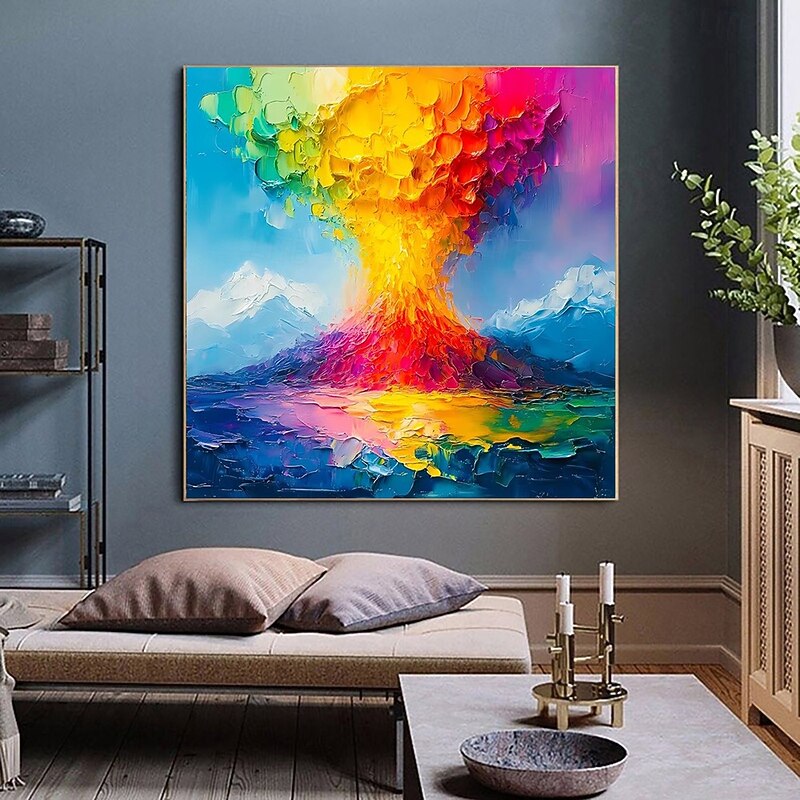 Red Yellow Blue Knife Painting Handmade Oil Painting Modern Abstract on Canvas Wall Art Decoration Mount Fuji Volcanic Eruption Landscape for Home Decor No Frame