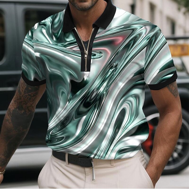 Men's Abstract Metallic Zip Polo Shirts Short Sleeve Polo Shirts Collared Shirts Casual Athleisure Daily Wear 3D Print Summer Pink Blue Green2