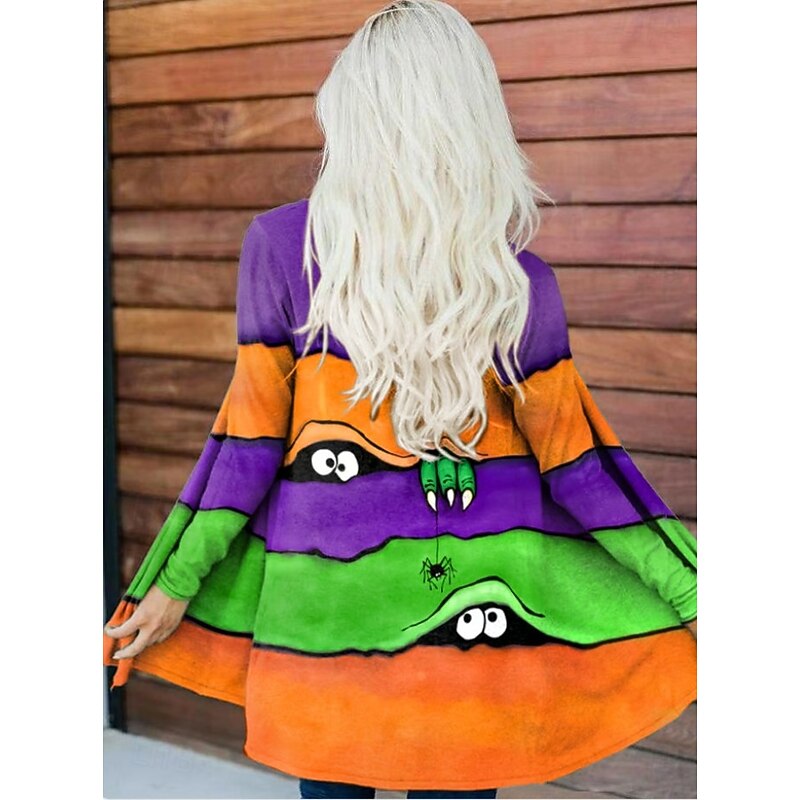 Halloween Women's Coat Lightweight Comfortable Monster Print Vintage Artistic Casual Monster Animal Casual Short Collarless Loose Fit Long Sleeve Outerwear Black White Orange Spring Fall