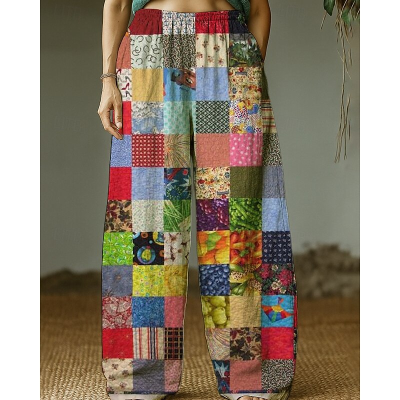 Women's Slacks Straight Streetwear Casual Full Length Natural Flower Pocket Elastic Waist Printing Comfortable Street Daily Wear Weekend Wine Yellow Light Green Blue Fall Regular Fit2