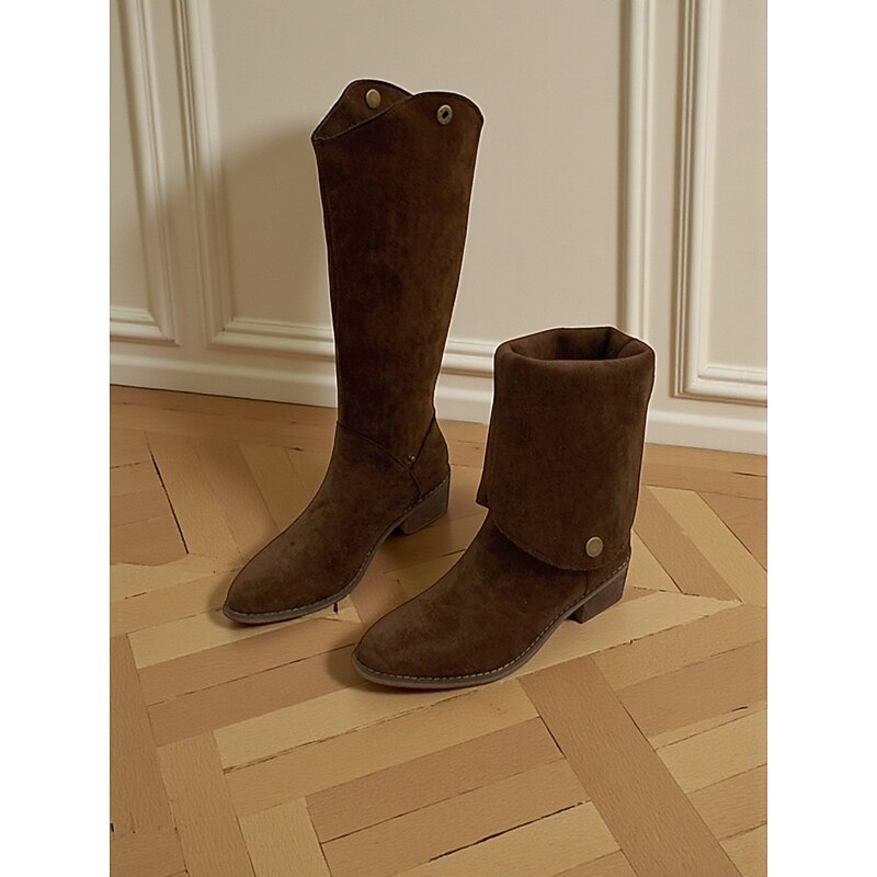 Women's Brown Suede Foldable Knee High Riding Boots with Adjustable Shaft Height - Versatile Urban Casual Fashion Footwear for Everyday Wear4