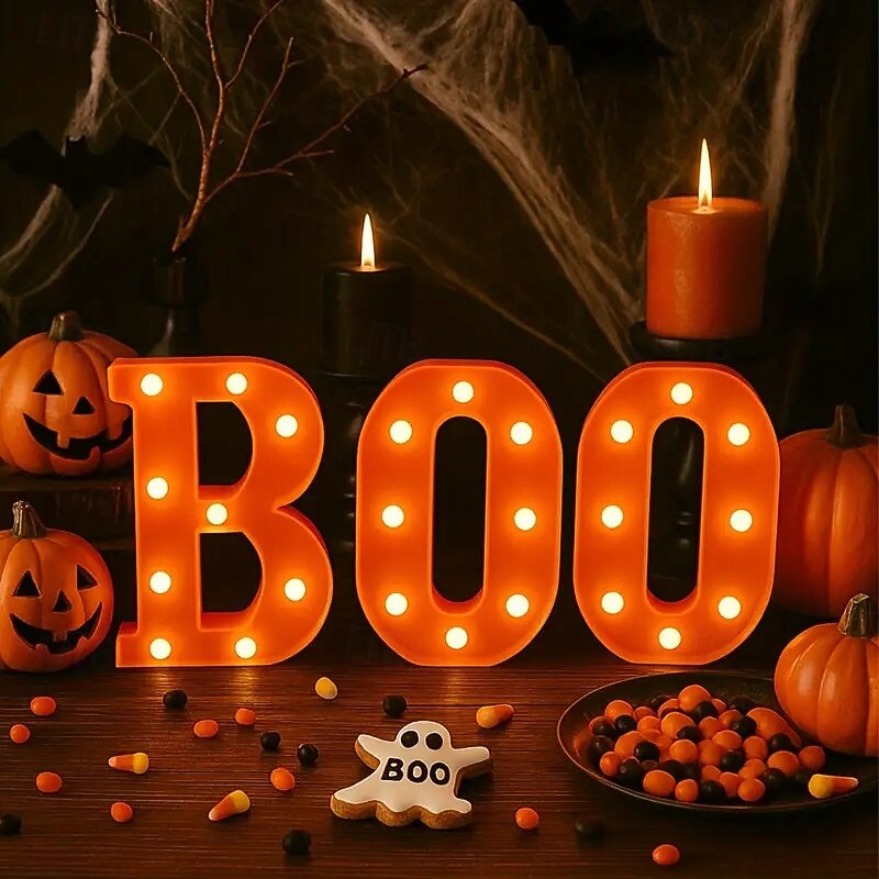 Halloween Decorations Indoor-3 LED Marquee Light Up Letters Black Boo Sign Halloween Letter Lights for Home Indoor Kitchen Fireplace Party Table Decor Supplies2