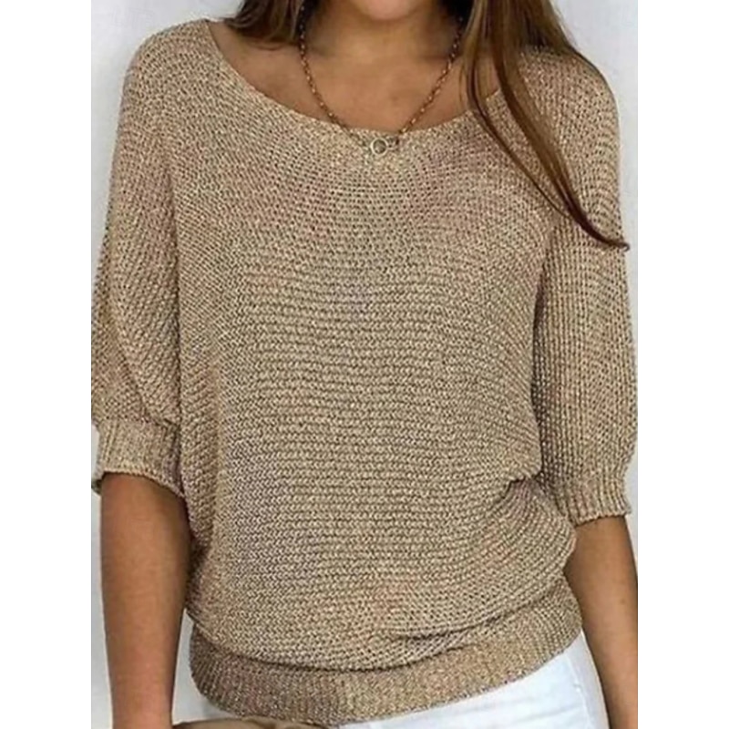 Women's Sweater Pullover Daily Stylish Casual Solid Color Ribbed Crew Neck Knitted 3/4 Length Sleeve Regular Tops Knit Outdoor Daily Black White Summer Spring4