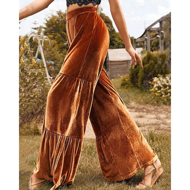 Women's Wide Leg Corduroy Pants Pants Trousers Fashion Streetwear Full Length High Waist Plain Ruffle Patchwork Elastic Waist Breathability Comfortable Street Daily Wear Going out Black Royal Blue3