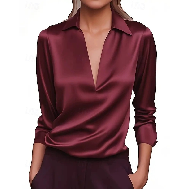 Women's Elegant Dressy Satin Work Shirt Plain Modern Casual Long Sleeve Shirt Collar Regular Tops Daily Holiday Patchwork Black White Wine Dusty Blue Fall3