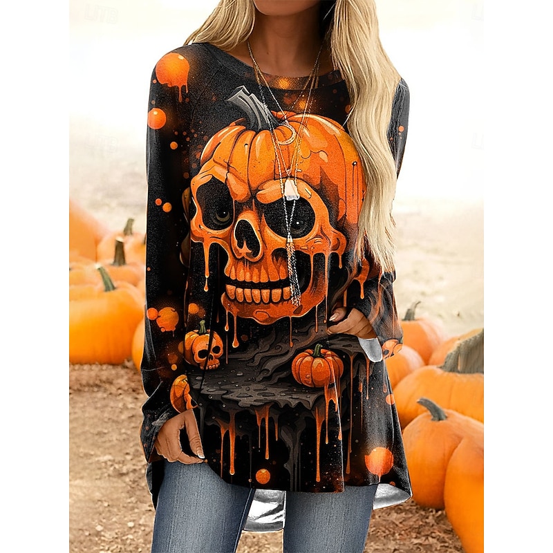 Halloween Women's T Shirt Skulls Graphic Pumpkin Vintage Stylish Casual Long Sleeve Crew Neck Regular Tops Daily Print Pink Blue Orange Green Gray Spring Fall