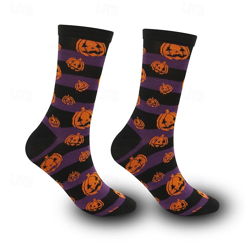 Halloween Cartoon Print Socks with Skull and Pumpkin Design, Unisex Moisture-Wicking Mid-Calf Casual Socks for Autumn and Winter4