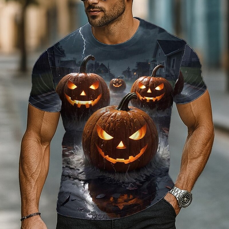 Halloween Men's Optical Illusion Pumpkin 3D T Shirt Short Sleeve T shirt 3D Print Crew Neck Shirt Exaggerated Designer Horror Party Street Holiday Red Orange Green Summer Spring All Seasons Clothing
