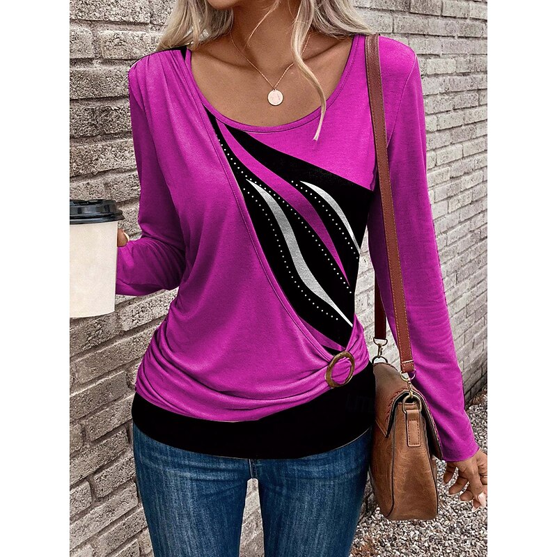 Women's T Shirt Graphic Geometric Abstract Fashion Stylish Casual Long Sleeve Crew Neck Regular Tops Daily Patchwork Print Asymmetrical Pink Red Blue Green Summer Fall Winter4