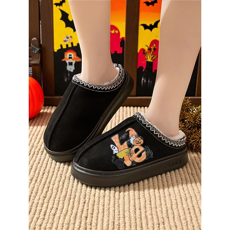 Women's Halloween Fleece-Lined Slippers – Cozy Indoor House Shoes with Cartoon Pumpkin Print, Soft Anti-Slip Sole, Warm Fall Winter Style for Home and Holiday Gifts4