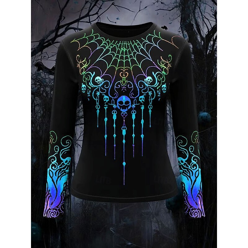 Halloween Women's T Shirt Graphic Skull Vintage Fashion Stylish Long Sleeve Crew Neck Regular Tops Daily Weekend Print Blue Purple Orange Green Spring Fall Winter4
