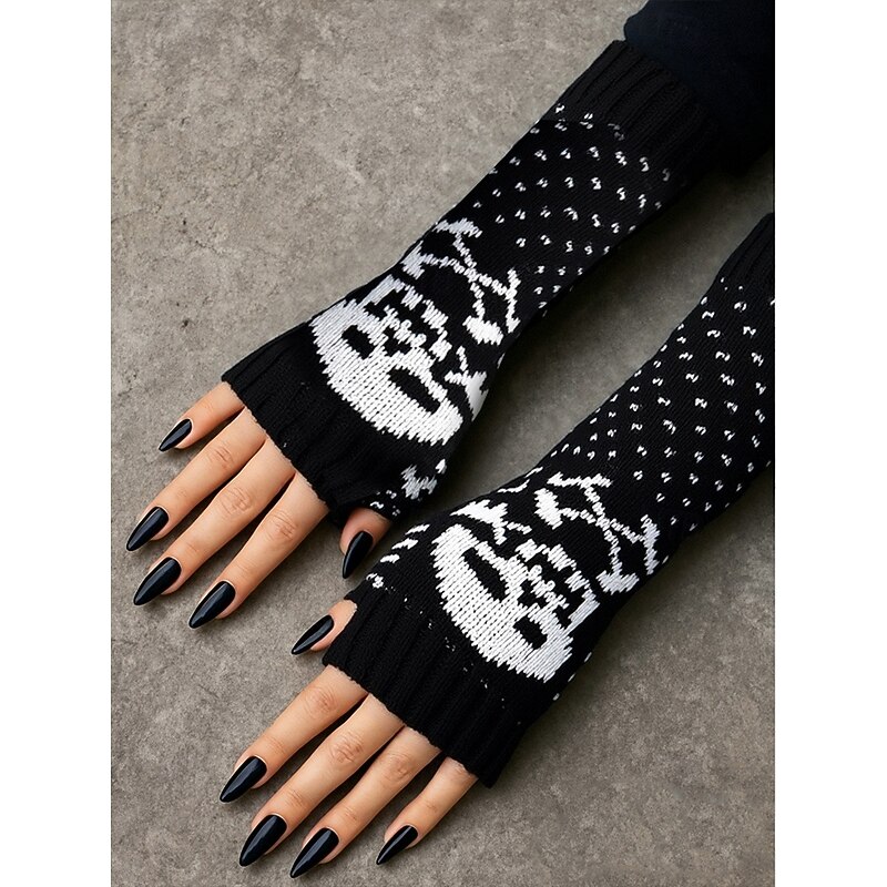 Women's Halloween Skull Knit Fingerless Arm Warmers — Long Ribbed Gothic Hand/Wrist Sleeves, Stretchy Cozy Fit for Costume Parties, Cosplay & Fall-Winter Wear