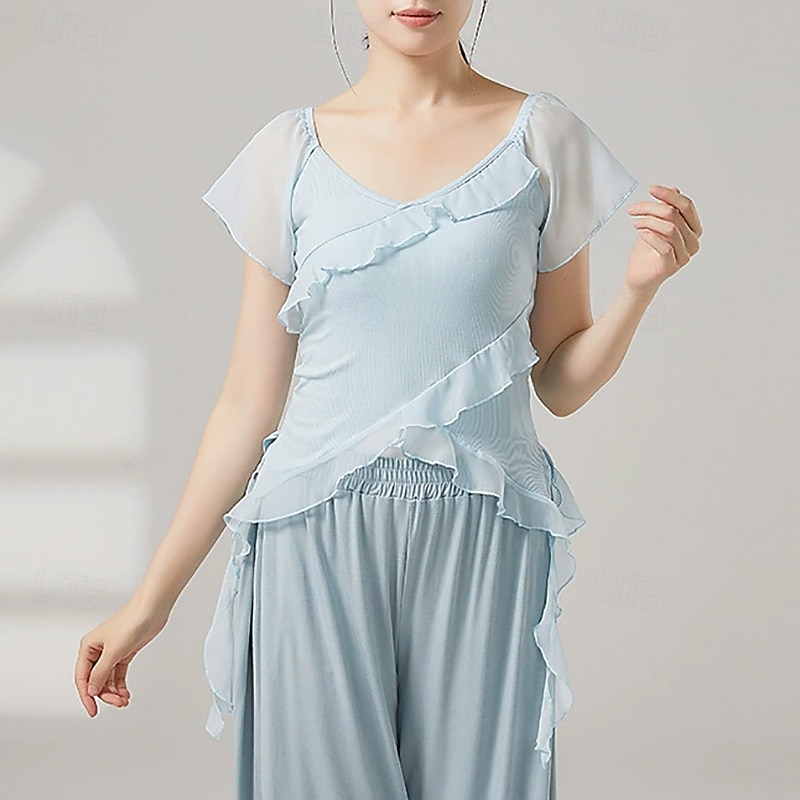 Activewear Top Ruffles Pure Color Splicing Women's Performance Training Short Sleeve High Polyester2