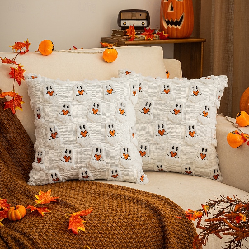 Halloween Plush Throw Pillow, Cute Ghost Cushion for Couch, Sofa, Living Room, Holiday Home Decor