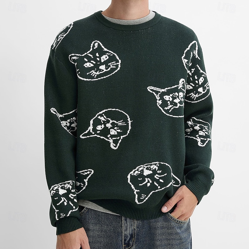 Men's Bear 3D Cartoon Pullover Sweater Jumper Knitwear Crewneck Casual Vacation Home Daily 3D Print Knitting Keep Warm Long Sleeve Spring Fall Winter Black Dark Green2