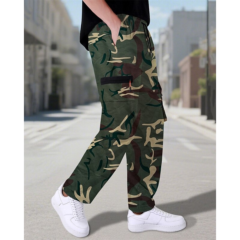 Men's Cargo Pants Trousers Drawstring Elastic Waist Multi Pocket Plain Camouflage Wearable Outdoor Daily Camping & Hiking Fashion Classic ArmyGreen Black2