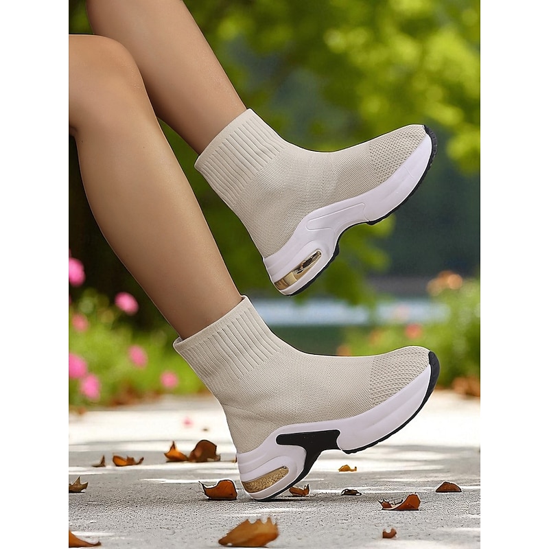 Women's Beige Flyknit Sock Boots with Platform Sole – Lightweight Casual Walking Shoes for Outdoor, Travel and Sports3