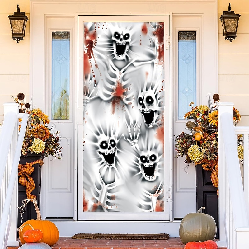Halloween Door Cover Outdoor Banners Skeleton Ghost 3D Psychedelic Dark Punk Gothic Style Party Outdoor Shooting Backgrounds Front Door Wall Porch Home Decor3