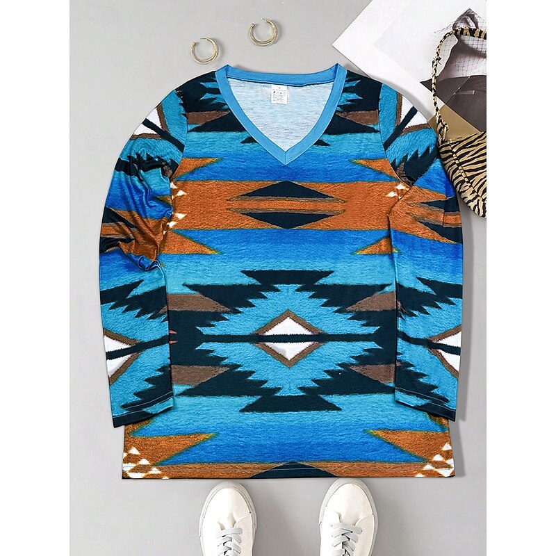 Women's T Shirt Graphic Geometric Tribal Vintage Stylish Casual Long Sleeve V Neck Regular Tops Daily Print Navy Blue Summer Spring Fall2
