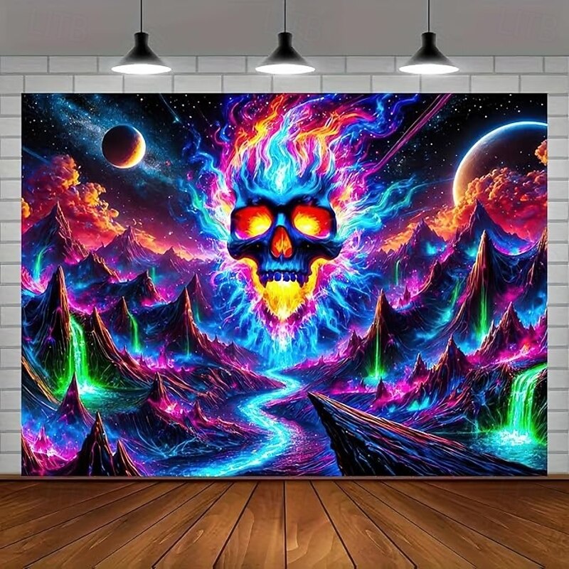 Halloween Skull Blacklight Tapestry – UV Reactive Glowing Wall Hanging Decoration for Bedroom, Living Room, Dorm, Party, or Haunted House Decor