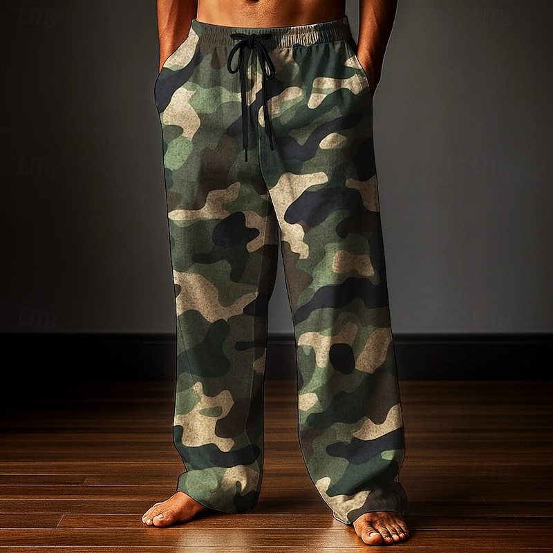 Men's Trousers Baggy Pants Casual Pants Elastic Drawstring Waist Linen-Like Pants with Pockets Camo Camouflage Full Length Outdoor Vacation Classic Style Army Green Purple Inelastic