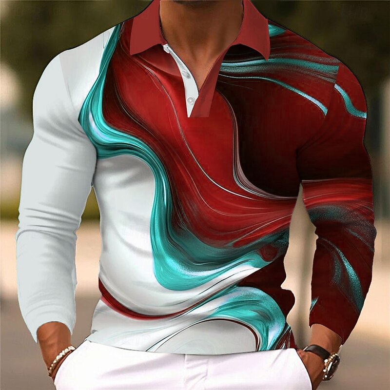 Men's Abstract Geometic Polo Long Sleeve Polo Shirts Lapel Casual Street Athleisure Daily Wear 3D Print Buttons Spring Fall Winter Red Navy Blue Blue3