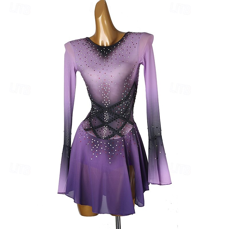 Figure Skating Dress Women's Girls' Ice Skating Dress Purple Blue Black Patchwork Open Back Mesh Spandex High Elasticity Training Practice Professional Skating Wear Classic Crystal / Rhinestone Long3