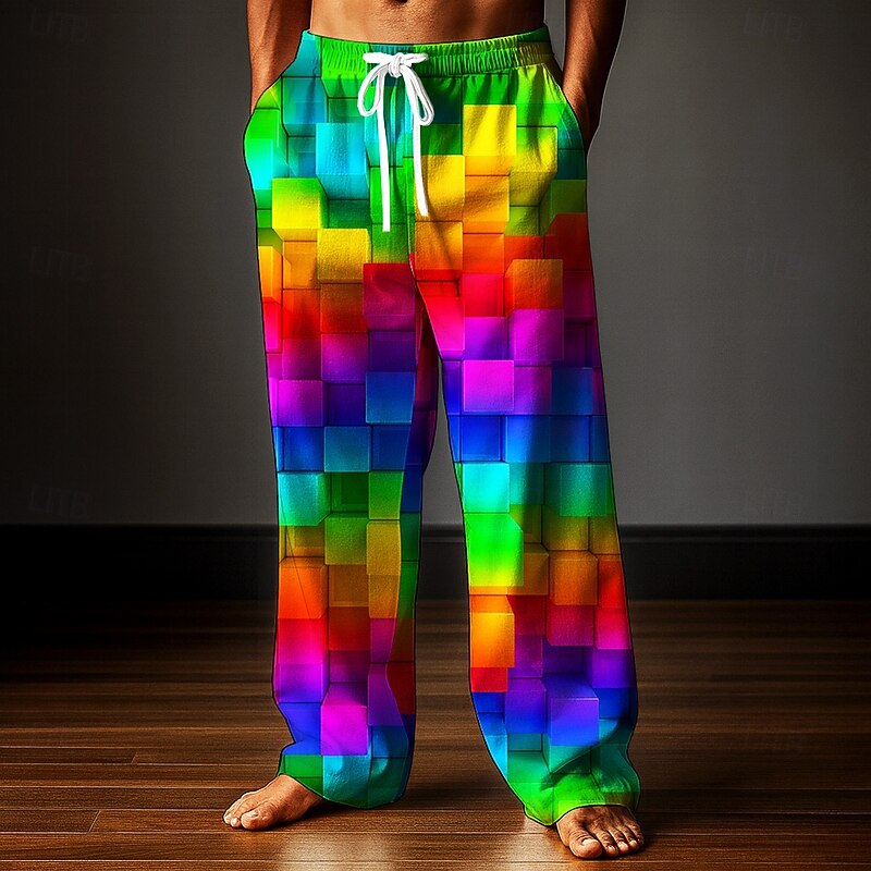 Men's Geometric Rainbow Grid / Plaid Trousers Baggy Pants Casual Pants Mid Waist Fashion Outdoor Vacation Home Elastic Drawstring Waist Linen-Like Pants with Pockets Spring Fall 3D Print Pink Green