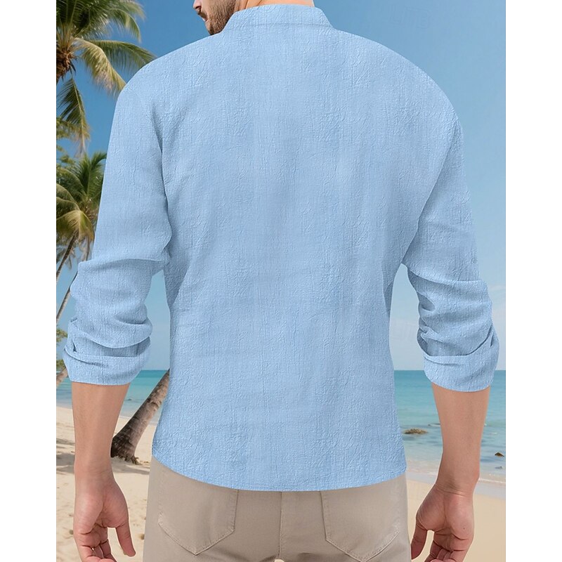 Men's Shirt Popover Shirt Summer Shirt Casual Shirt Beach Shirt Black White Yellow Navy Blue Sky Blue Long Sleeve Plain Band Collar Vacation Hawaiian Front Pocket Clothing Apparel Linen Fashion2