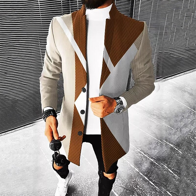 Men Ombre Geometric Overcoat Coat Casual Business Casual Daily 3D Print Buttons Front Pocket Spring Fall Winter Notch Long Sleeve Blue Brown