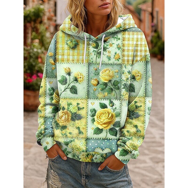 Women's 3D Print Vintage Boho Hoodie Patchwork Hoodie Sweatshirt Floral s Floral Graphic Vintage Casual Long Sleeve Hooded  Street Casual Going out Patchwork Pink Blue Purple Green Spring Fall Winter3