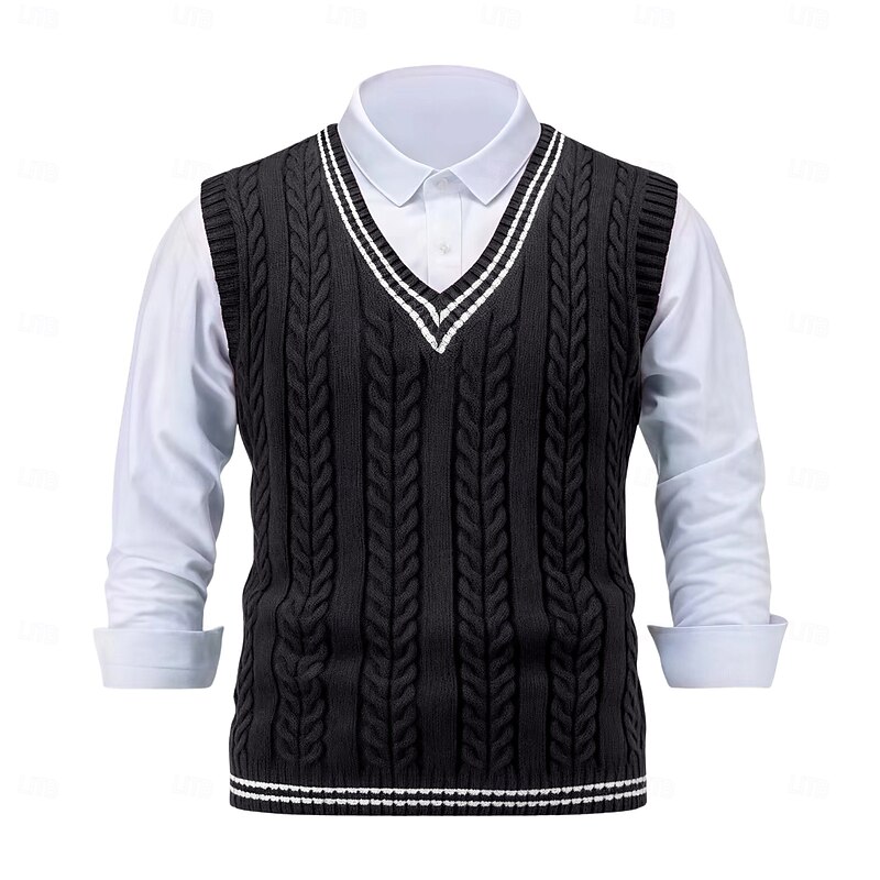 Men's Sweater Sweater Vest Pullover Sweater Jumper Cable Knit Regular Tops Knitted Slim Fit Geometric V Neck Knitwear Contemporary Casual Daily Wear Clothing Apparel Winter Spring &  Fall Black Yellow4